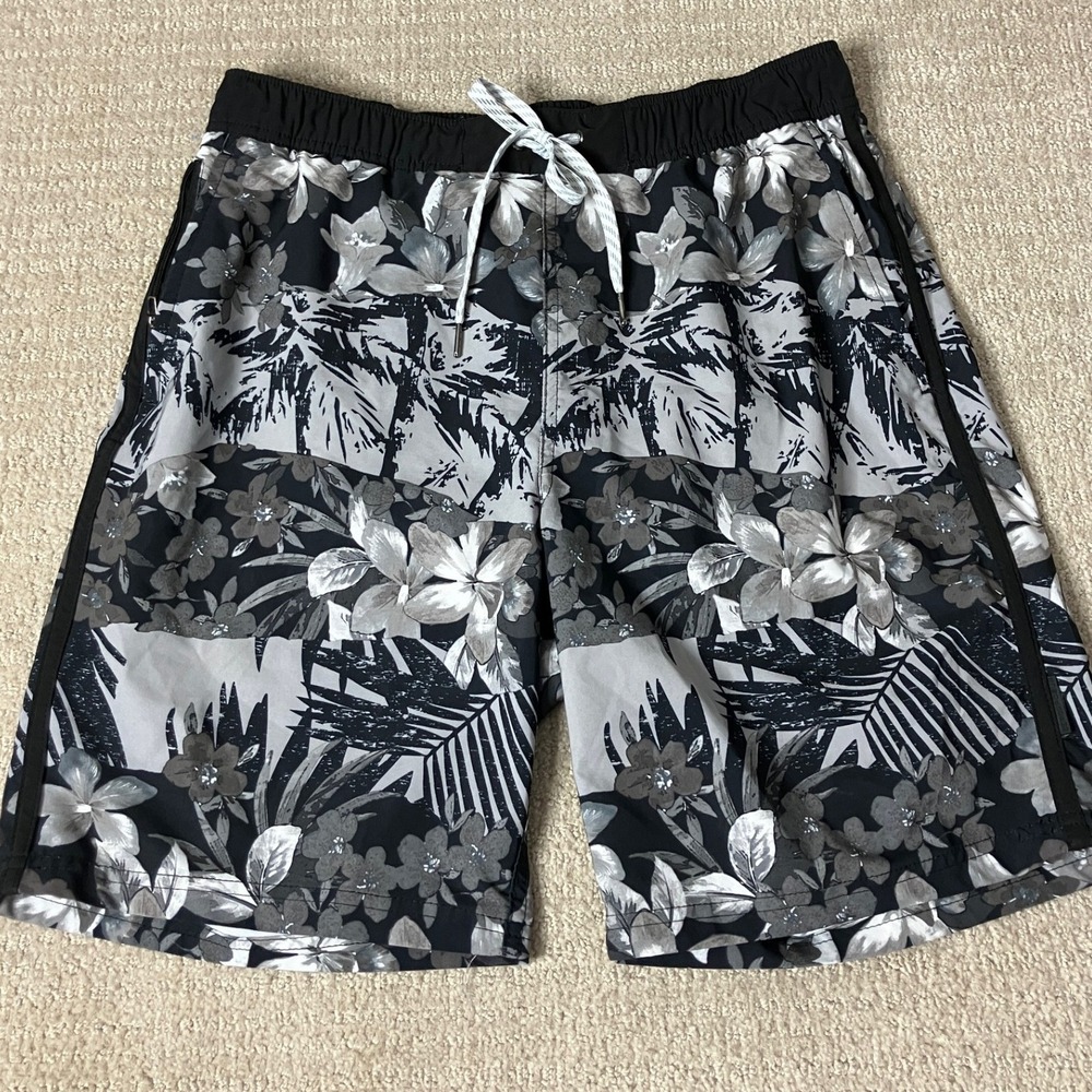 ZeroXposur Floral Swim‎ Trunks Tropical Print Beach Shorts Black Gray M